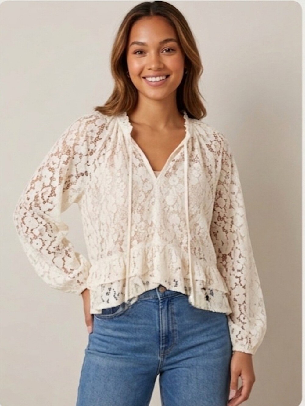 LOFT NWT Cream Floral Lace Ruffle Tie Neck Peplum Top Size L Coquette Boho